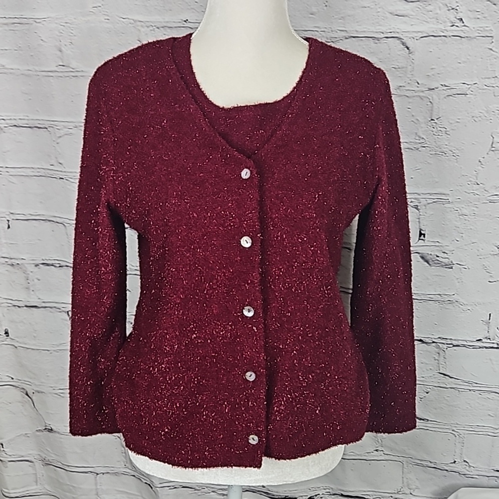 Ninety Sweater Set 2 Piece Vintage 90s  Medium Dark Cherry Red Sparkle Party EUC